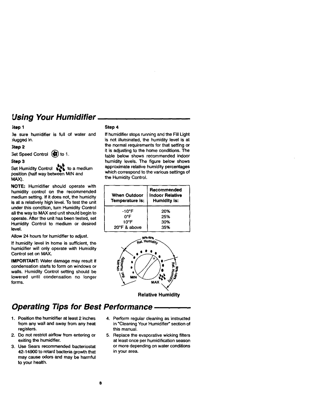 Sears 758.144131 owner manual Using Your Humidifier, Operating Tips for Best, Performance, Relative Humidity 