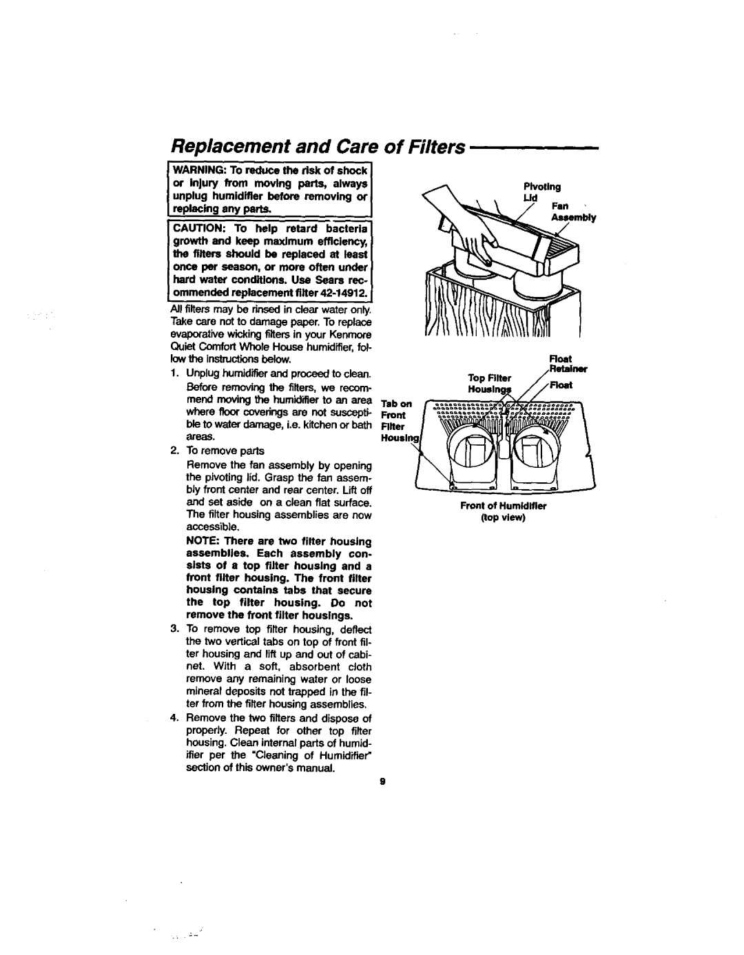 Sears 758.144131 owner manual Replacement and Care of Filters, HouslnFloat Tab on 