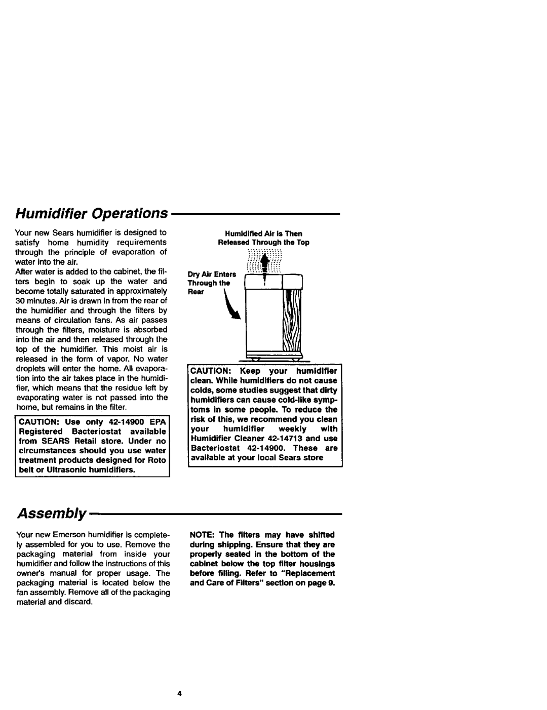Sears 758.144131 owner manual Humidifier Operations, Assembly 