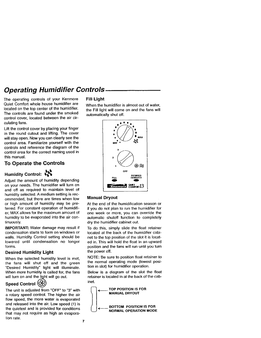 Sears 758.144151 owner manual Operating Humidifier Controls, Fill Light, Humidity Control bit, Desired Humidity Light 