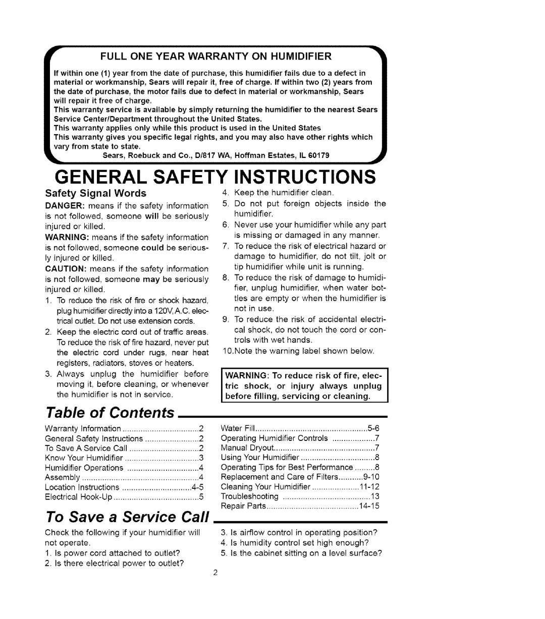 Sears 758.14417 owner manual Table of Contents, To Save a Service Call 