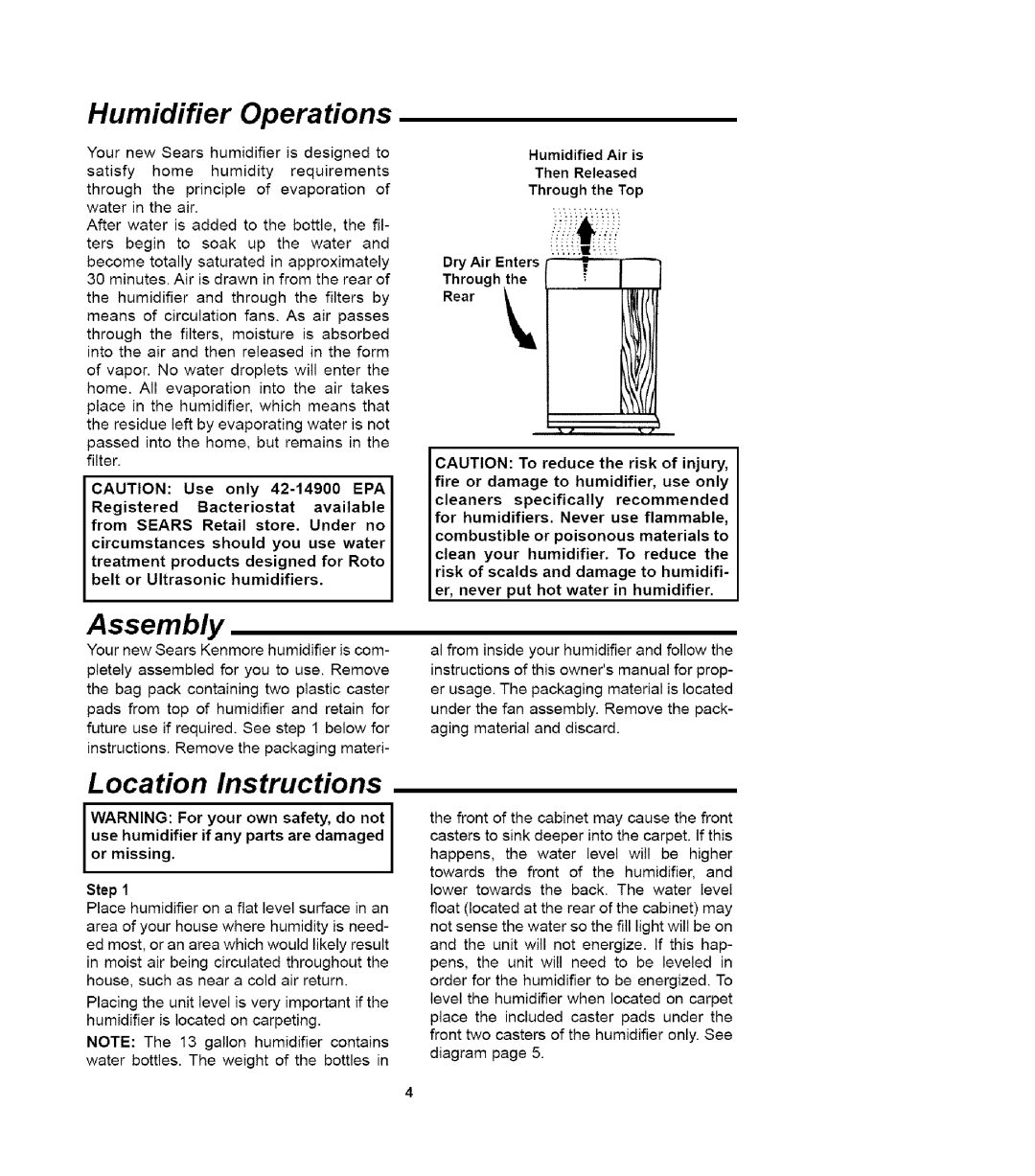 Sears 758.14417 owner manual Humidifier Operations, Assembly, Location Instructions 