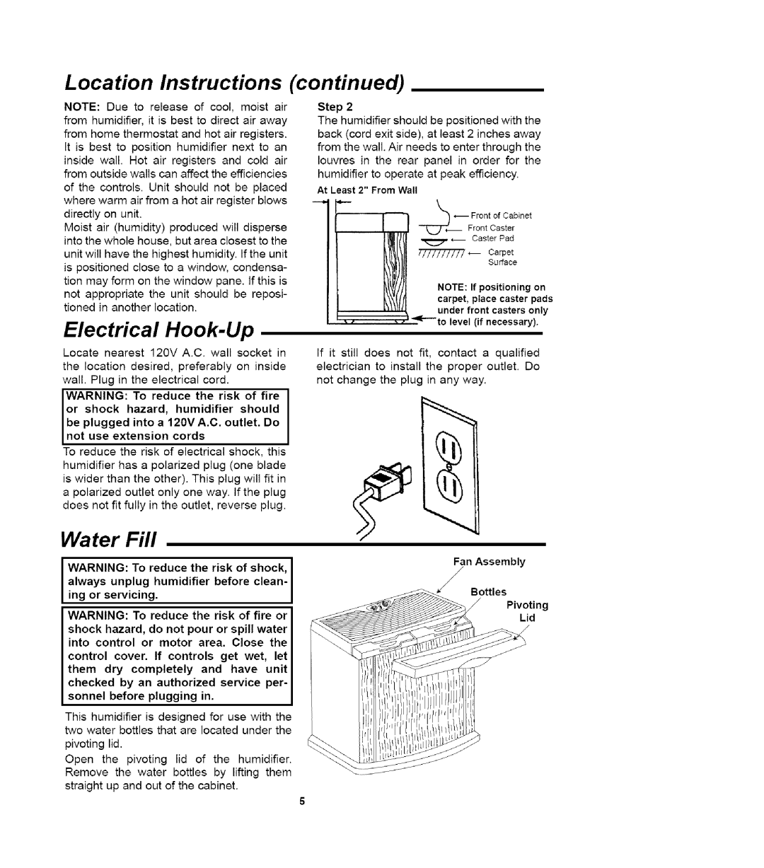 Sears 758.14417 owner manual Location, At Least 2 From Wall, Fan Assembly Bottles Pivoting Lid 