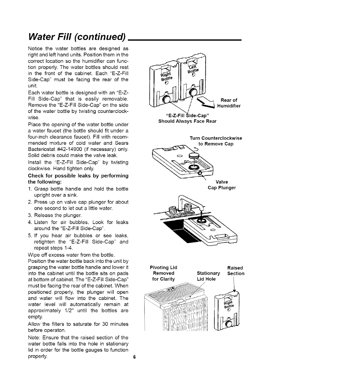 Sears 758.14417 owner manual Check for possible leaks by performing the following, Rear Humidifier, Should Always Face Rear 