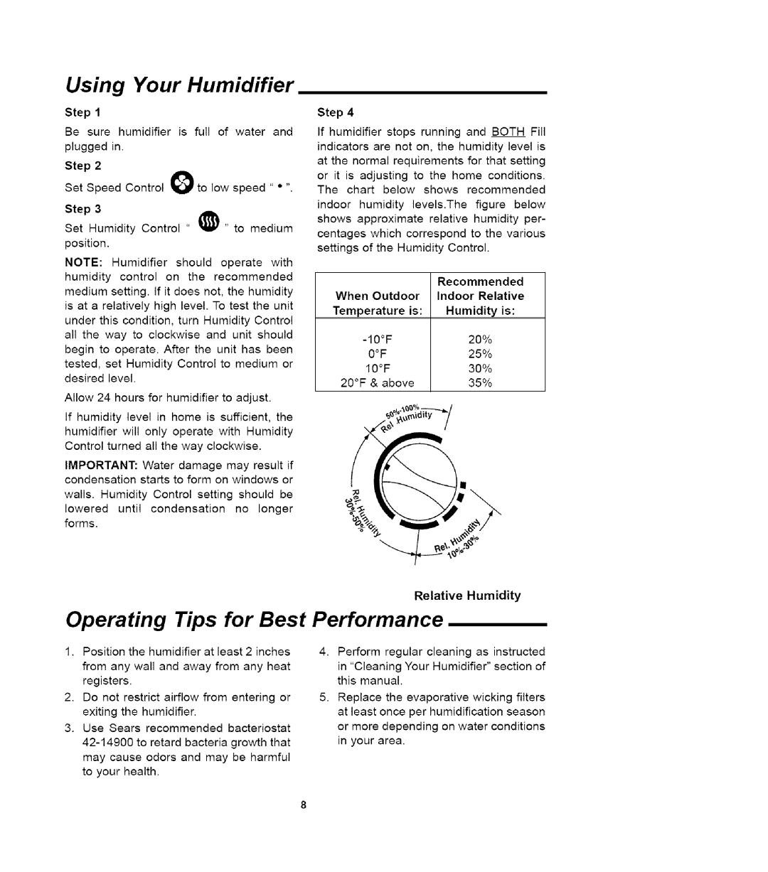 Sears 758.14417 owner manual Using Your Humidifier, Operating Tips for Best Performance 