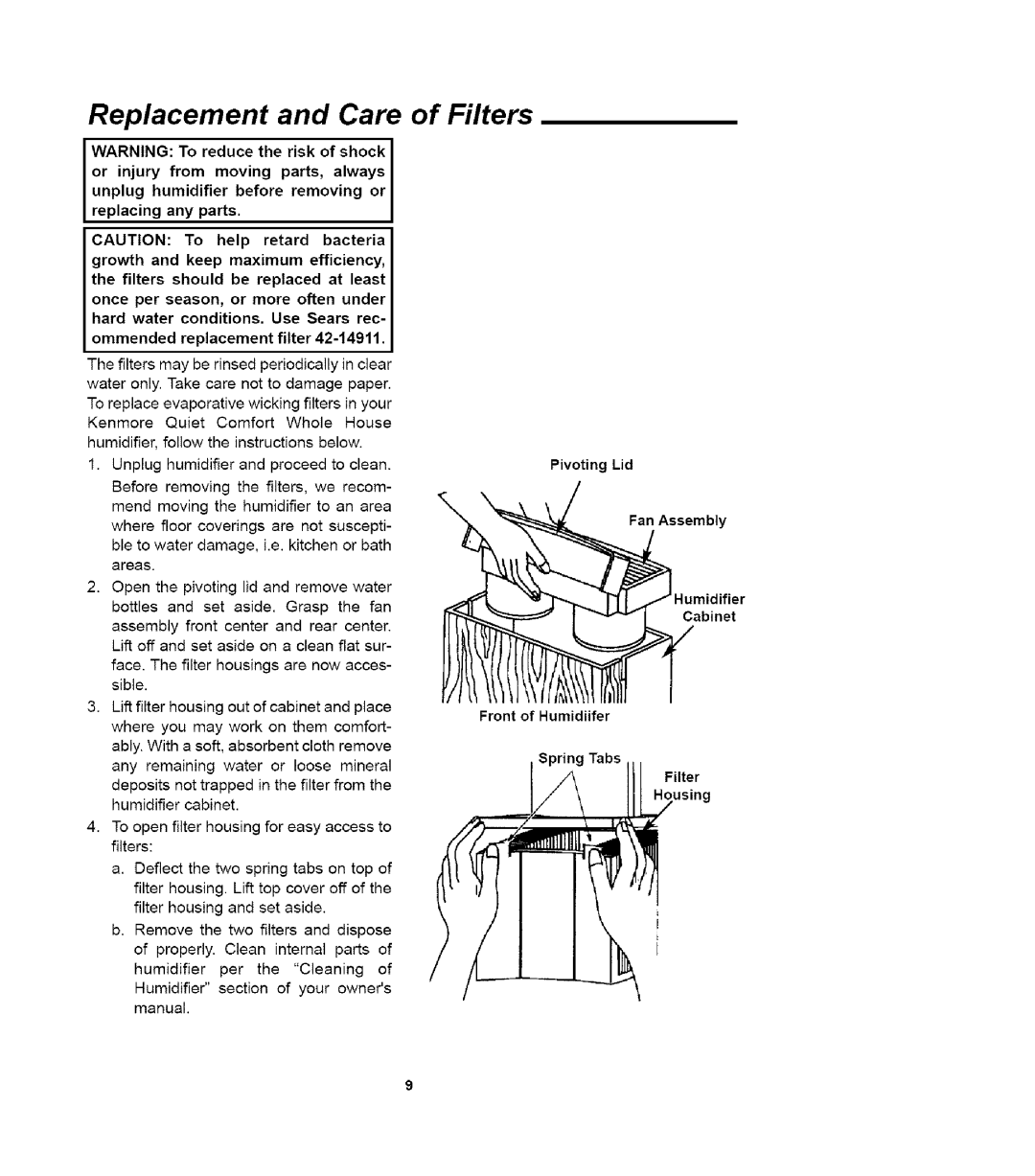 Sears 758.14417 owner manual Replacement and Care of Filters, Unplug humidifier before removing or replacing any parts 