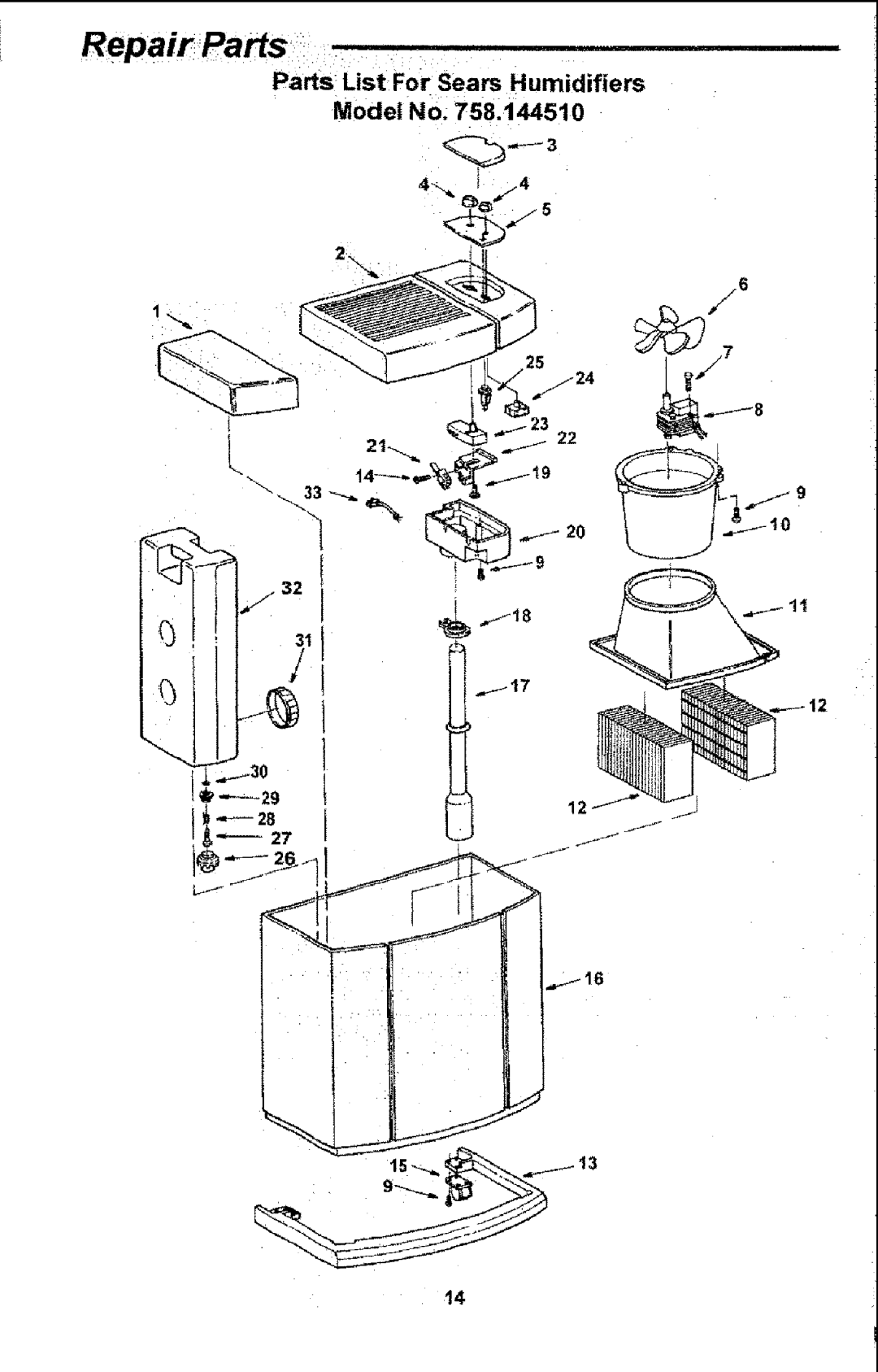 Sears 758.14451 owner manual Parts List For Sears Humidifiers Model No 