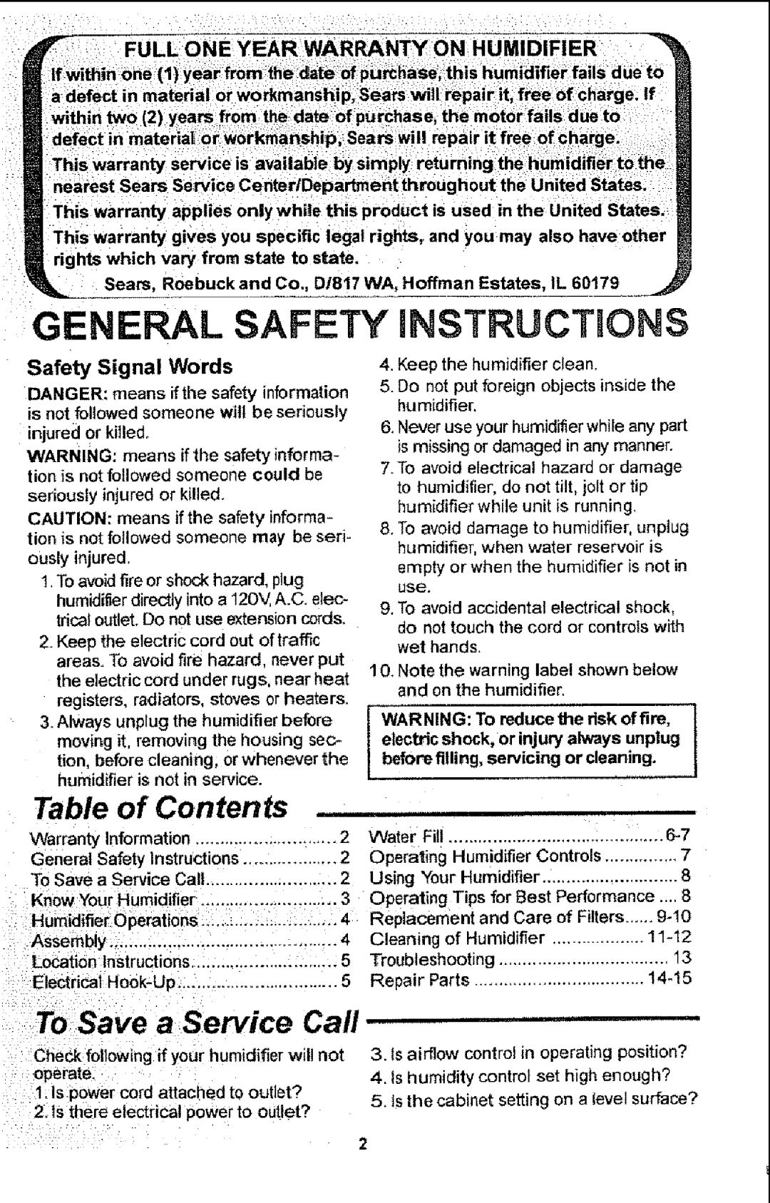 Sears 758.14451 owner manual General Safety iNSTRUCTiONS, Table of Contents 