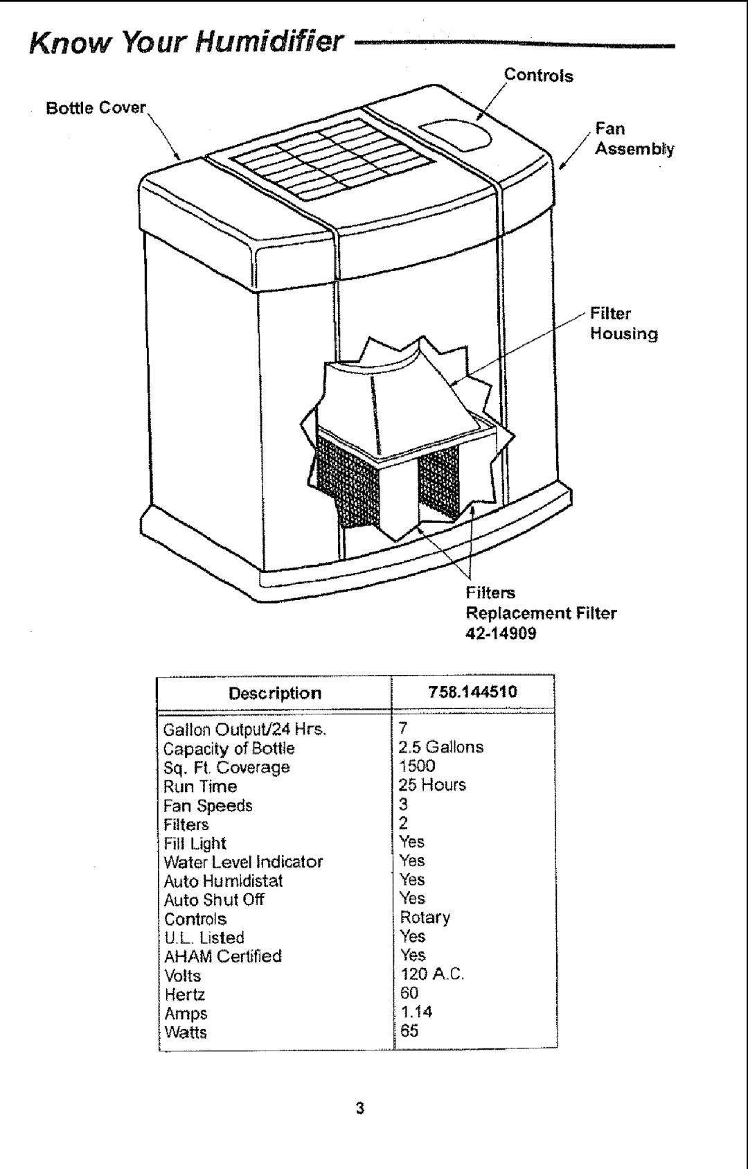 Sears 758.14451 owner manual Fill Light, Water Level Indicator, Auto Humidistat 