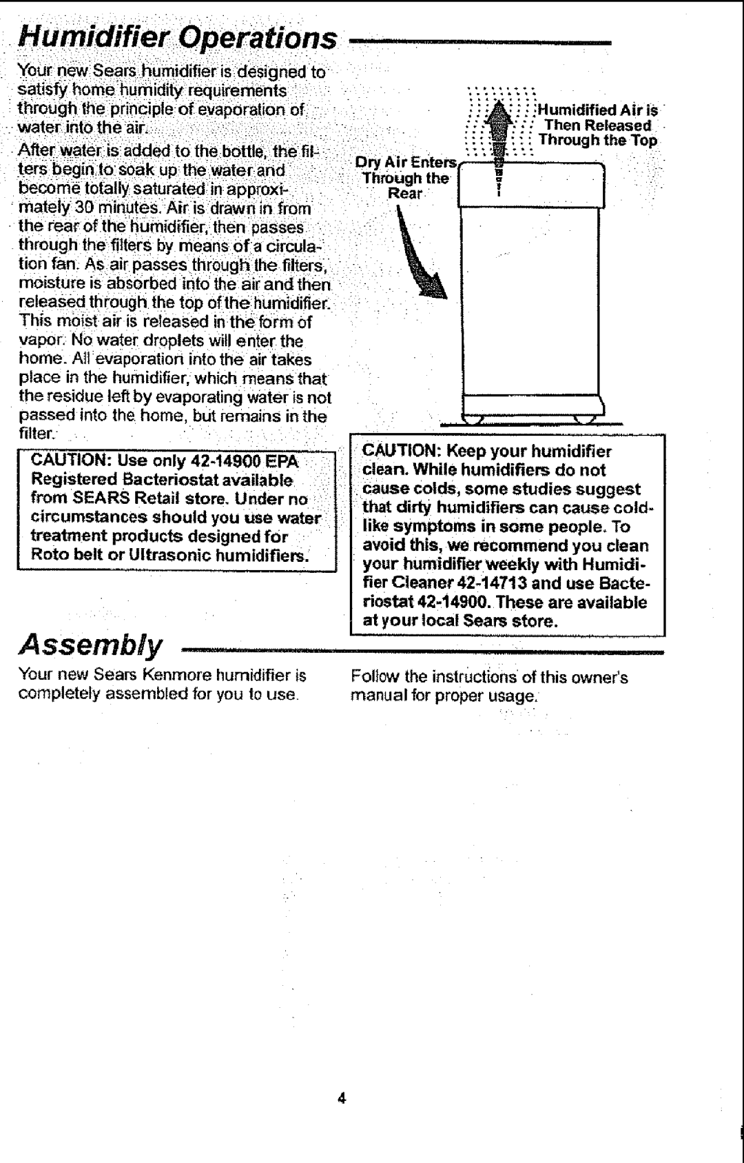 Sears 758.14451 Assembly, Water into the air, Roto belt or Ultrasonic humidifiers, I Through the Top, For proper usage 