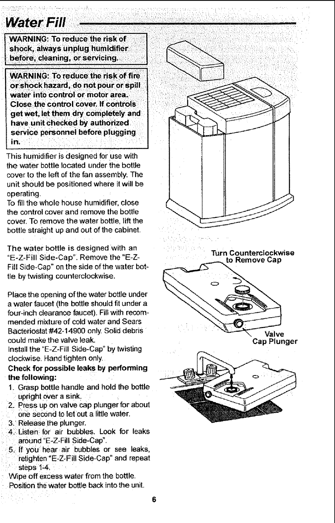 Sears 758.14451 owner manual Water Fill, Check for possible leaks by performing, ReleaSe the plunger, Cap Plunger 