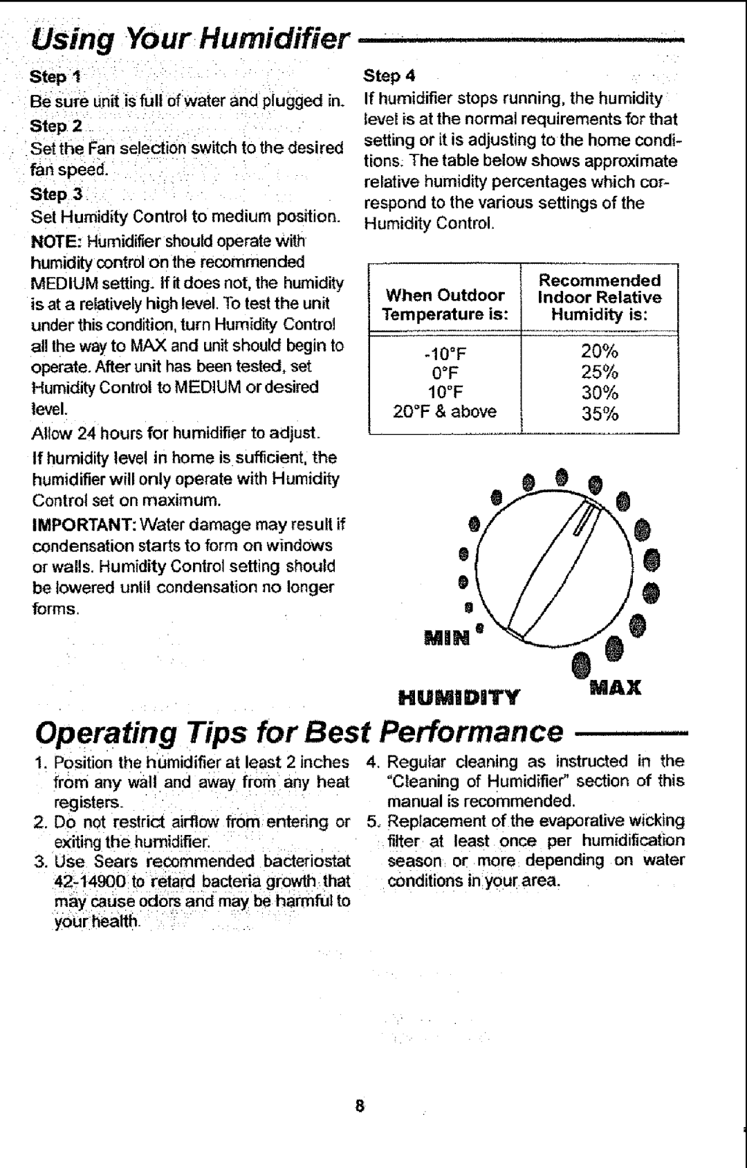 Sears 758.14451 owner manual Using Your Humidifier, Operating Tips for Best Performance, HUMIDgTY 