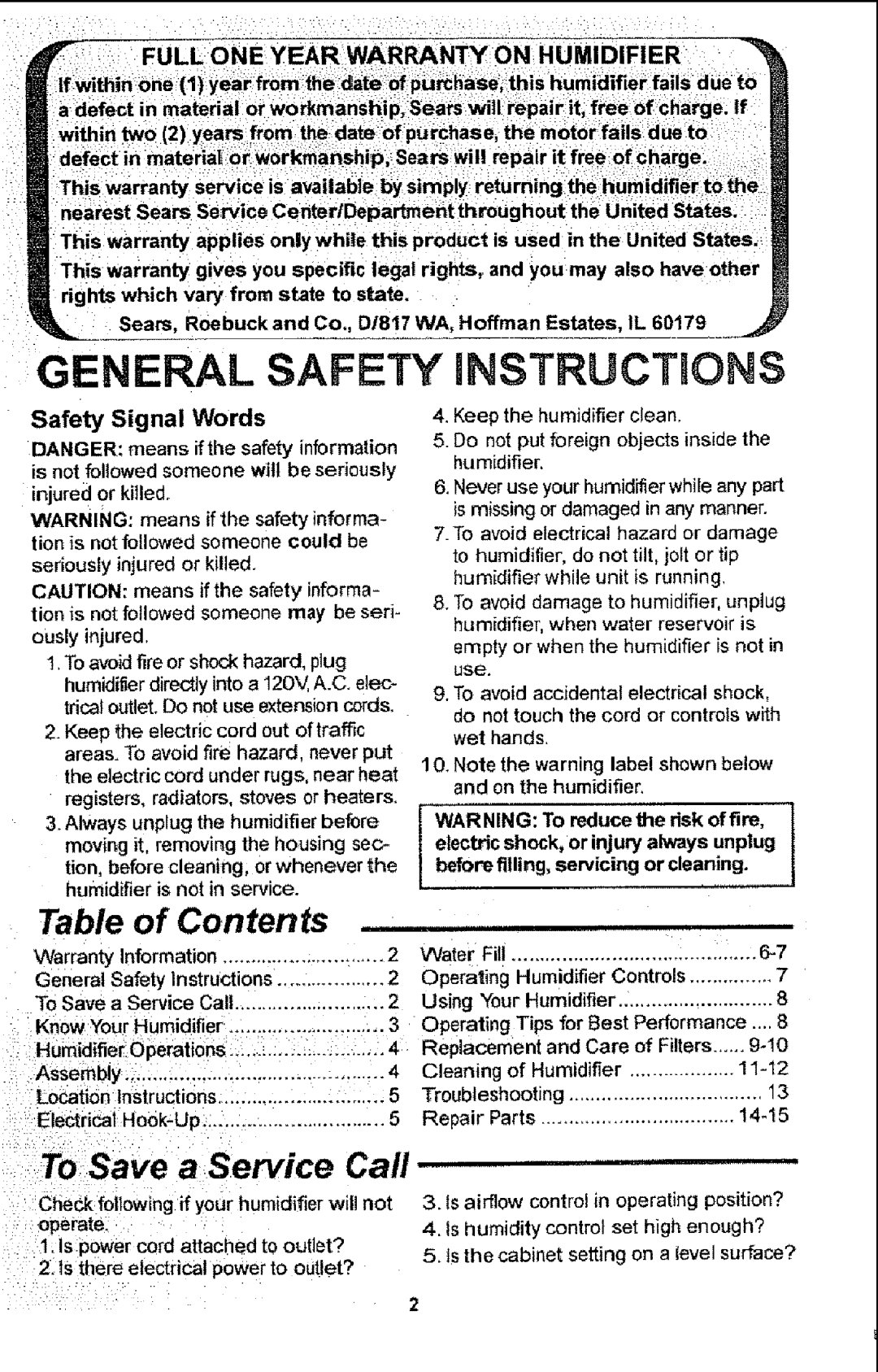 Sears 758.14451 Table of Contents, To Save a Service Call, GENERAL SAFETY iNSTRUCTiONS, WARNING To reduce the risk of fire 