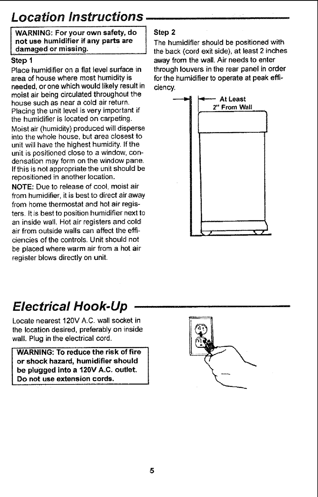 Sears 758.14451 Location Instructions, Electrical Hook-Up, damagedormiss!n, Step, ciency, Do not use extension cords 