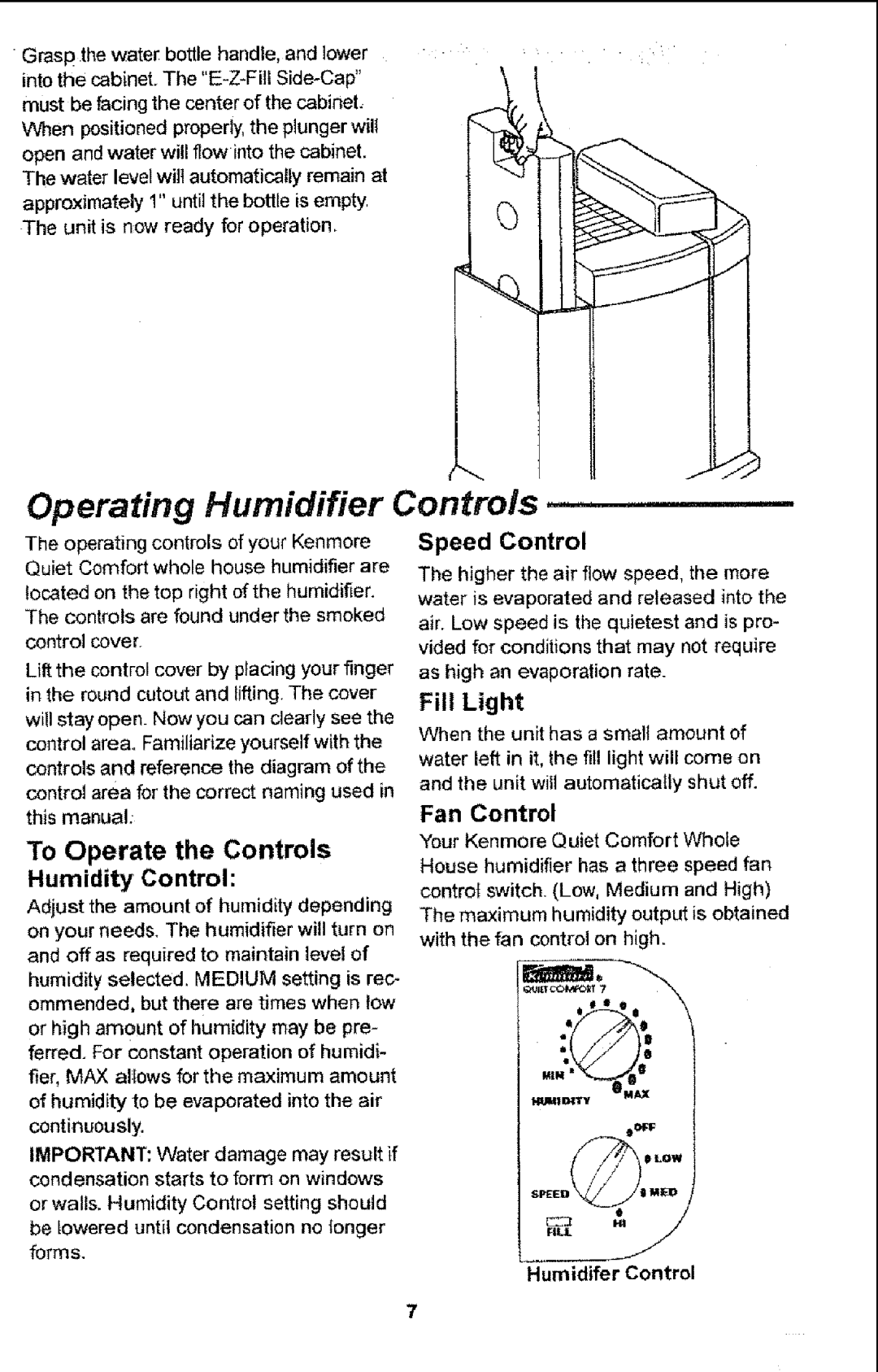 Sears 758.14451 Operating Humidifier Controls, Humidity Control, Speed Control, Fill Light, To Operate the Controls 