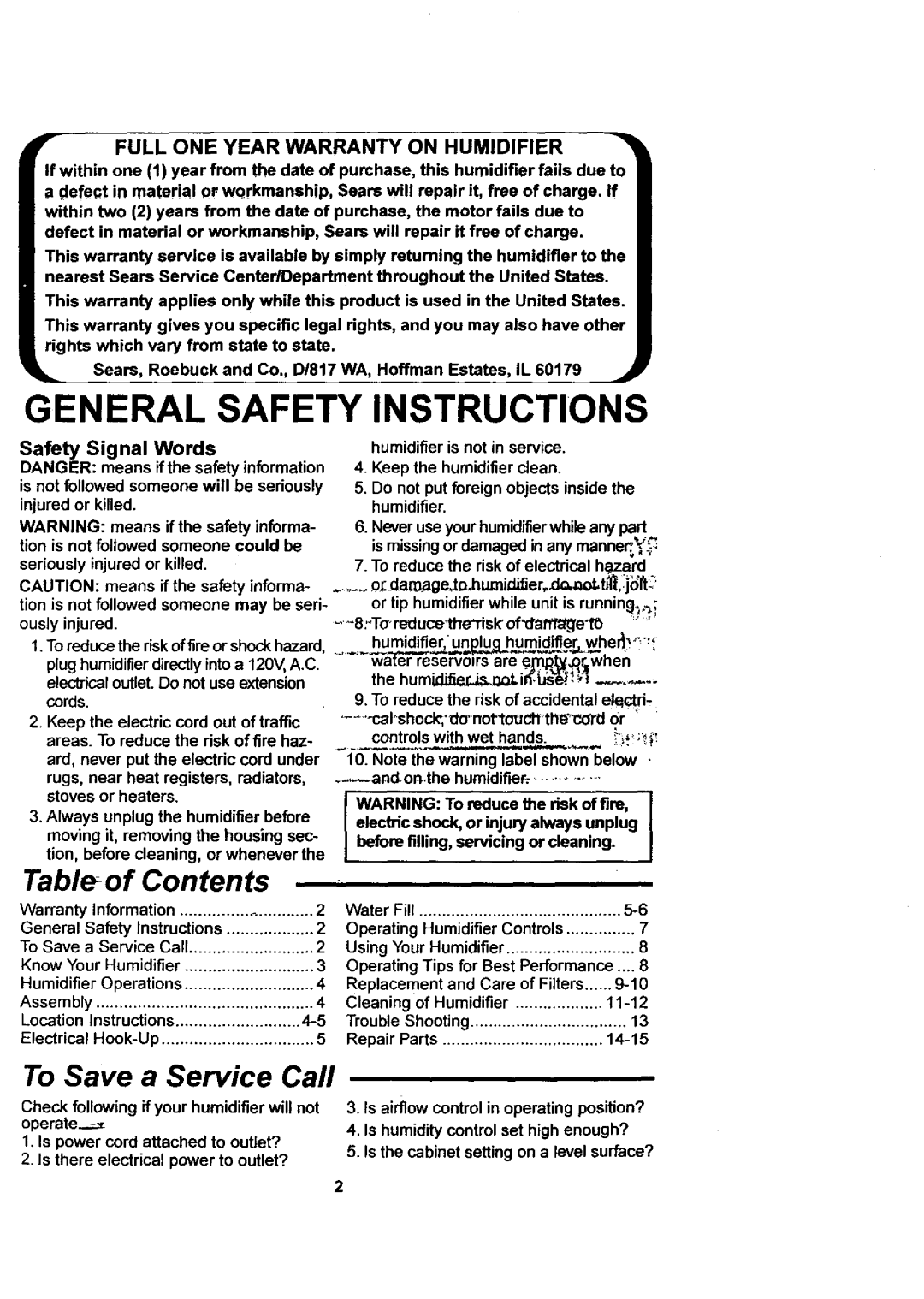 Sears 758.144533 owner manual Tableof Contents, To Save a Service Call 