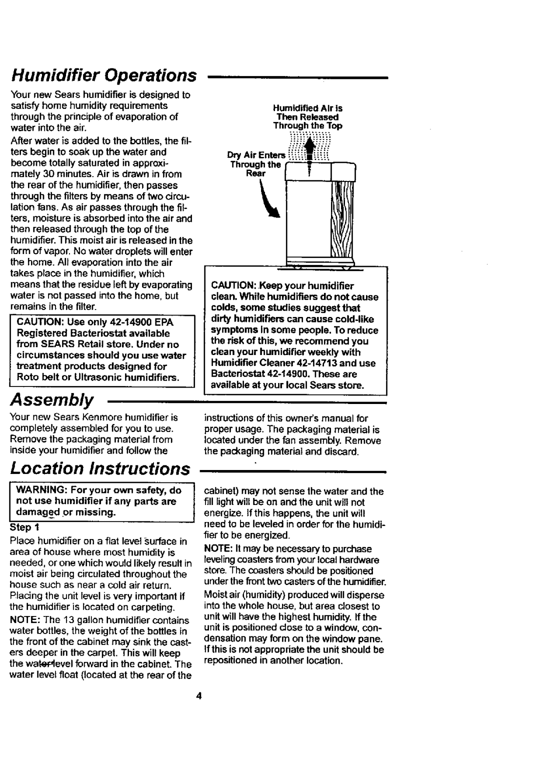 Sears 758.144533 owner manual Humidifier Operations, Assembly, Location Instructions, Step 