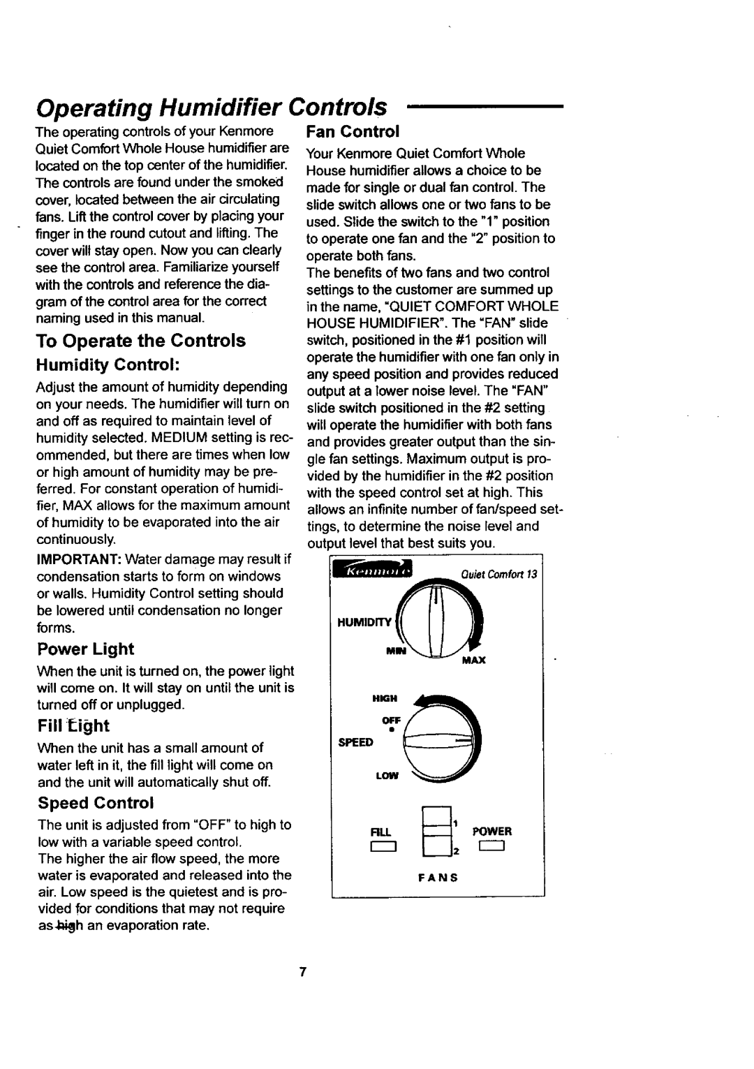 Sears 758.144533 owner manual Operating Humidifier Controls, Humidity Control, Fan Control 