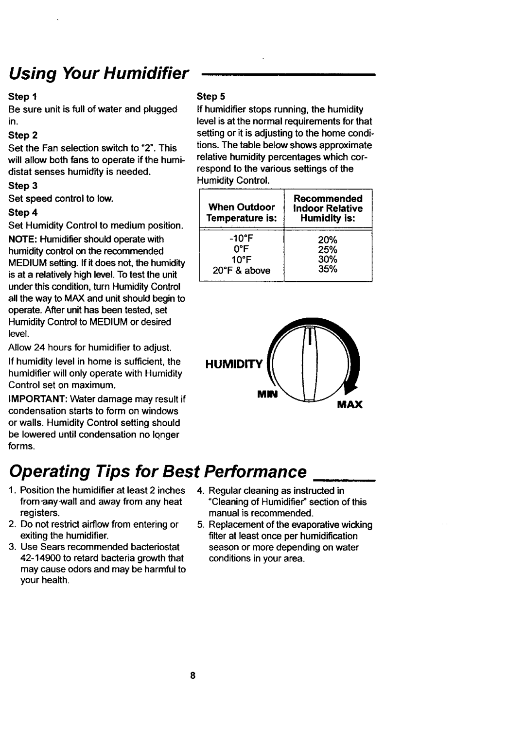 Sears 758.144533 Using Your Humidifier, Operating Tips for Best Performance, Position the humidifier at least 2 inches 