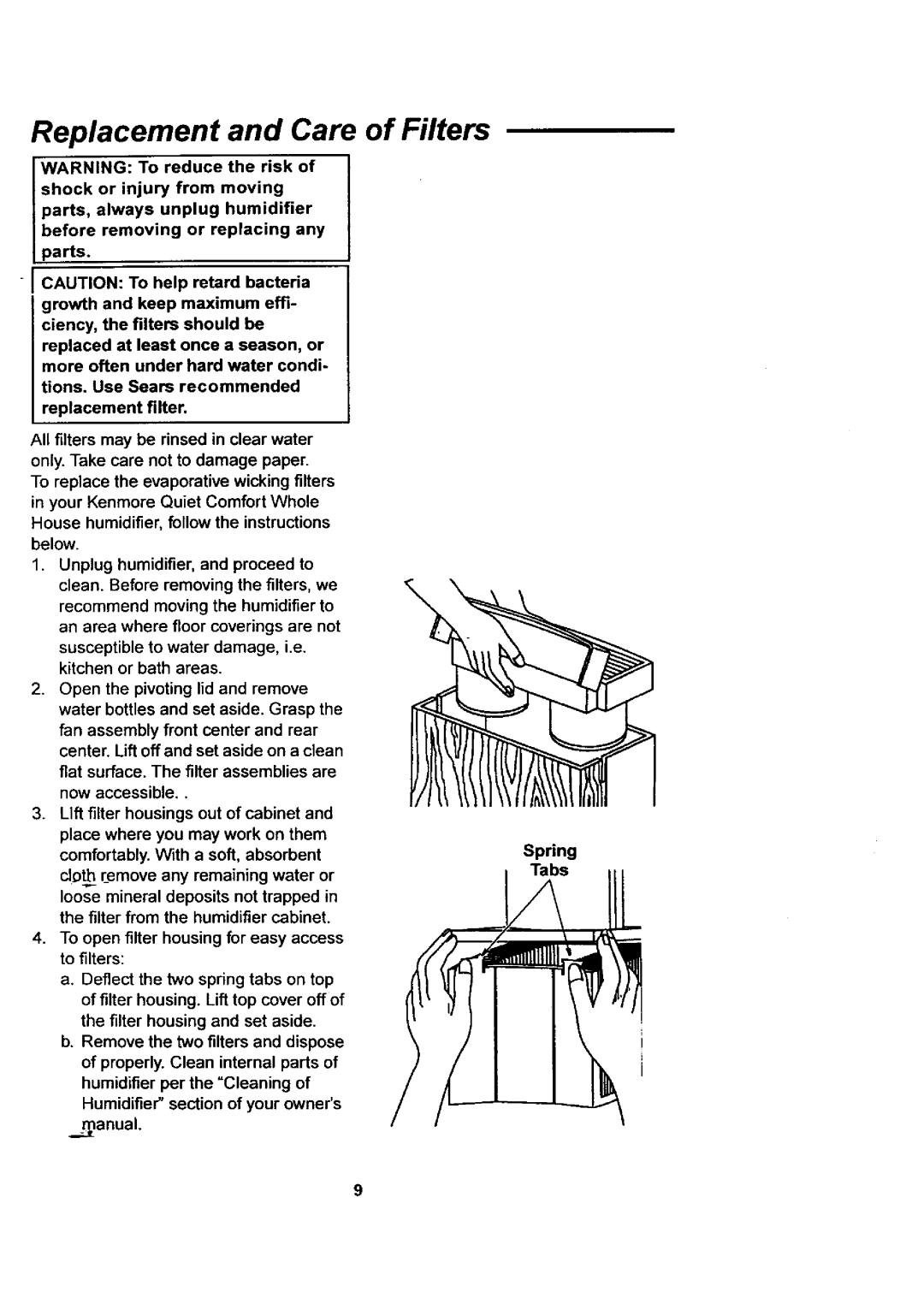 Sears 758.144533 owner manual Replacement and Care of Filters, Shock or injury from moving parts, always unplug humidifier 