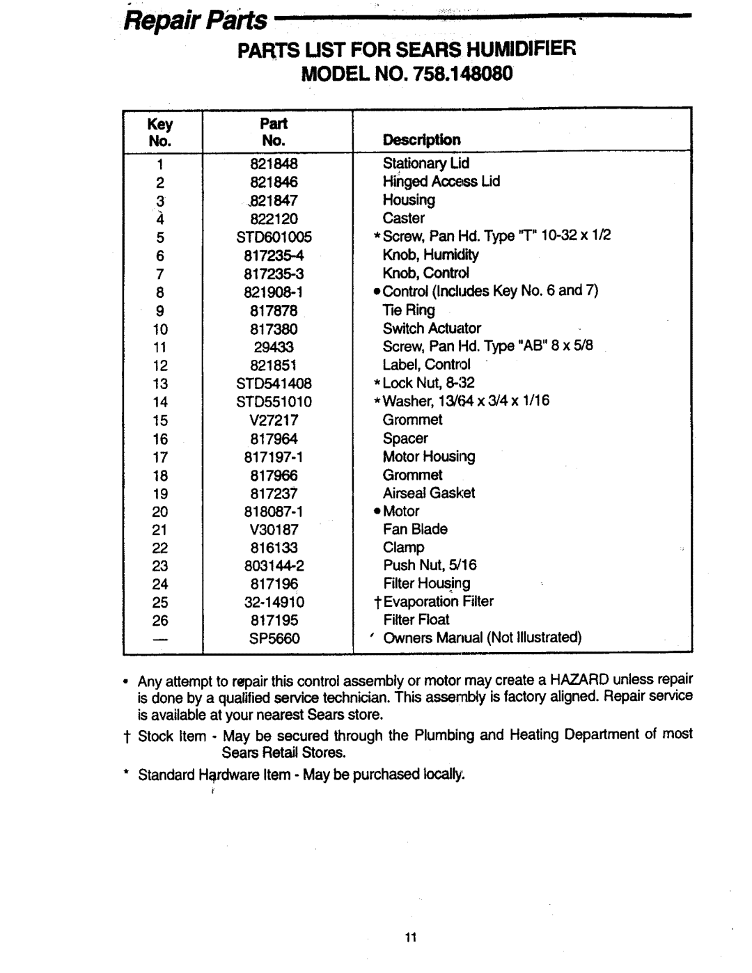 Sears 758.14808 owner manual Repair Parts, Key Part 