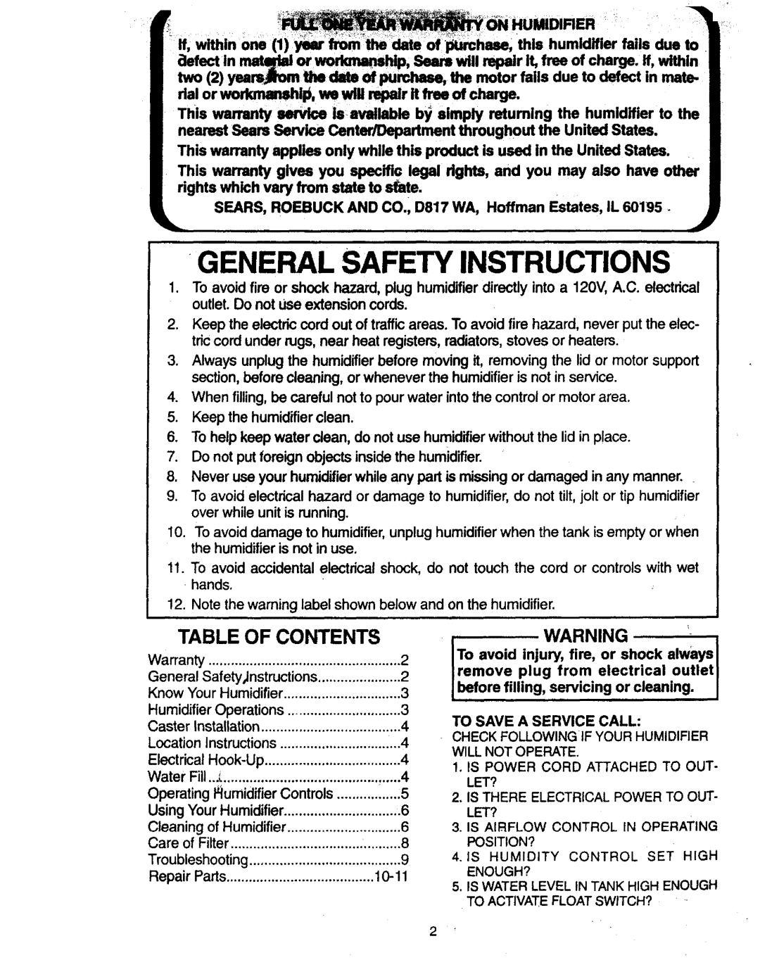 Sears 758.14808 owner manual General Safety Instructions 