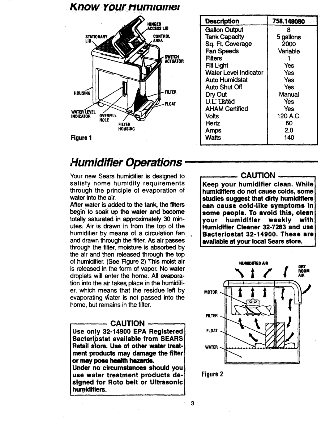 Sears 758.14808 owner manual Humidifier Operations, Gallons, 2000, Variable 