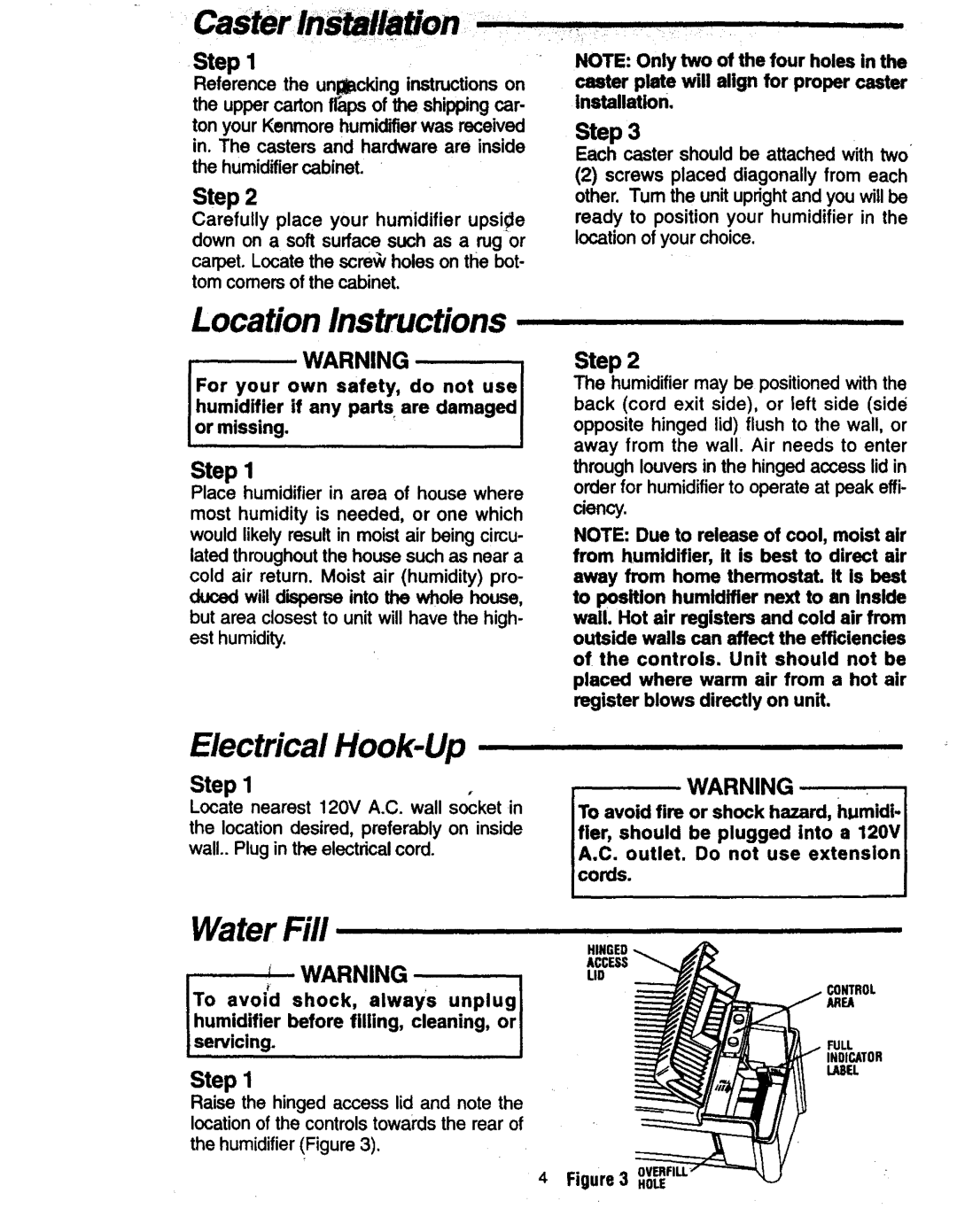 Sears 758.14808 owner manual Location Instructions, Electrical Hook-Up, Water Fill, Step, HumidifierFigure 