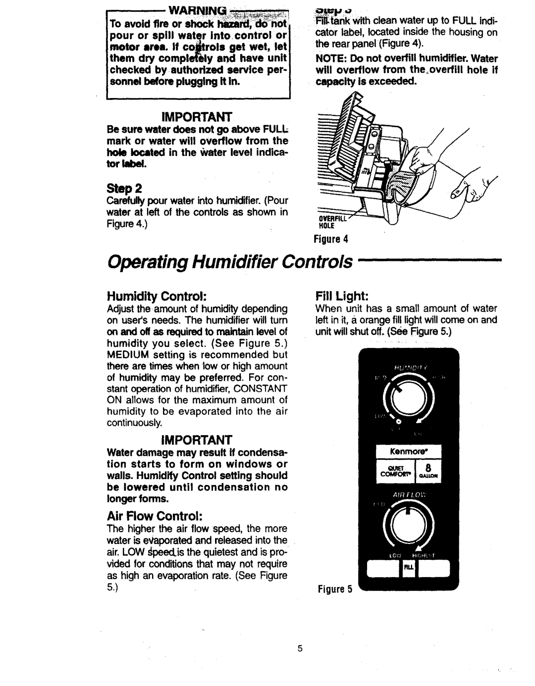 Sears 758.14808 owner manual Operating Humidifier Controls, Humidity Control Fill Light, Air Flow Control 