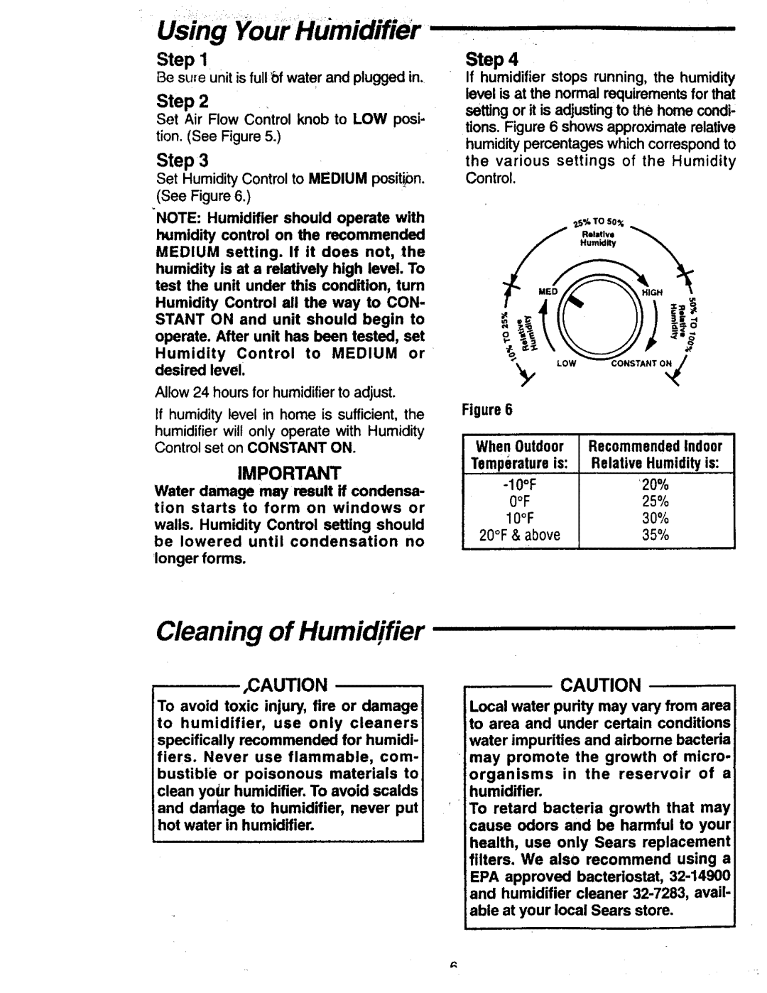 Sears 758.14808 owner manual Using Your Humidffier, Cleaning of Humidifier 