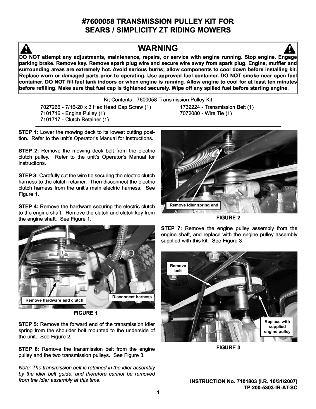 Sears 7600058 manual INSTRUCTION No. 7101803 I.R. 10/31/2007 TP 200-5303-IR-AT-SC 