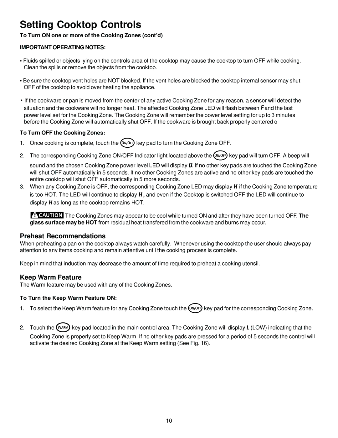 Sears 790.428 manual Preheat Recommendations, Keep Warm Feature, To Turn on one or more of the Cooking Zones cont’d 