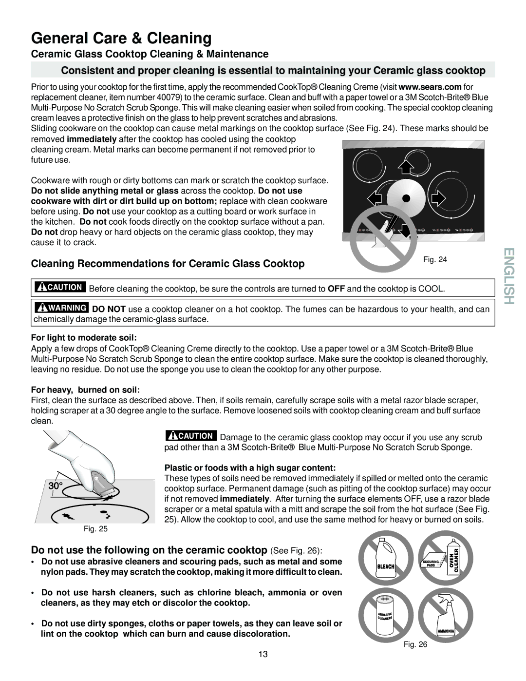 Sears 790.428 manual General Care & Cleaning, Cleaning Recommendations for Ceramic Glass Cooktop 