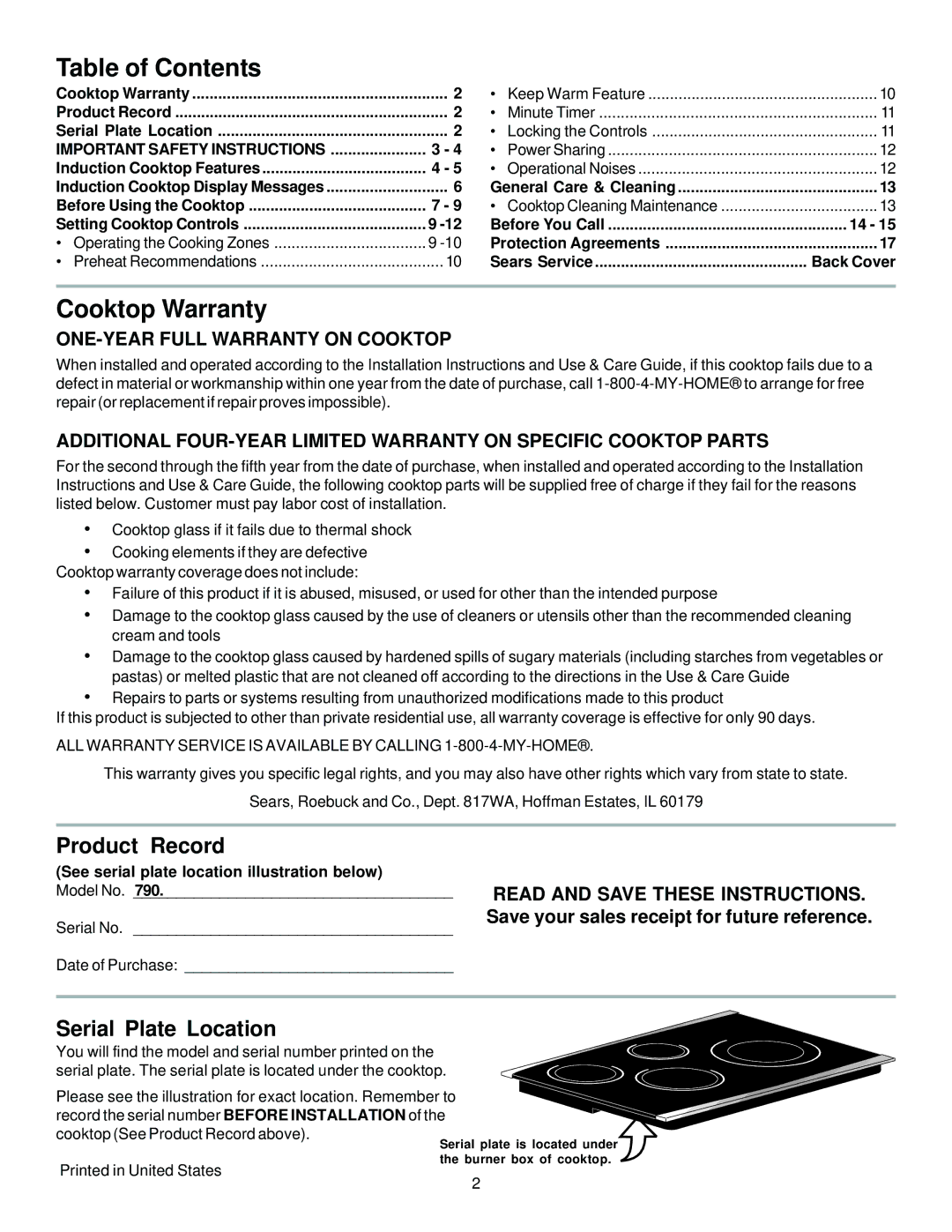 Sears 790.428 manual Table of Contents 