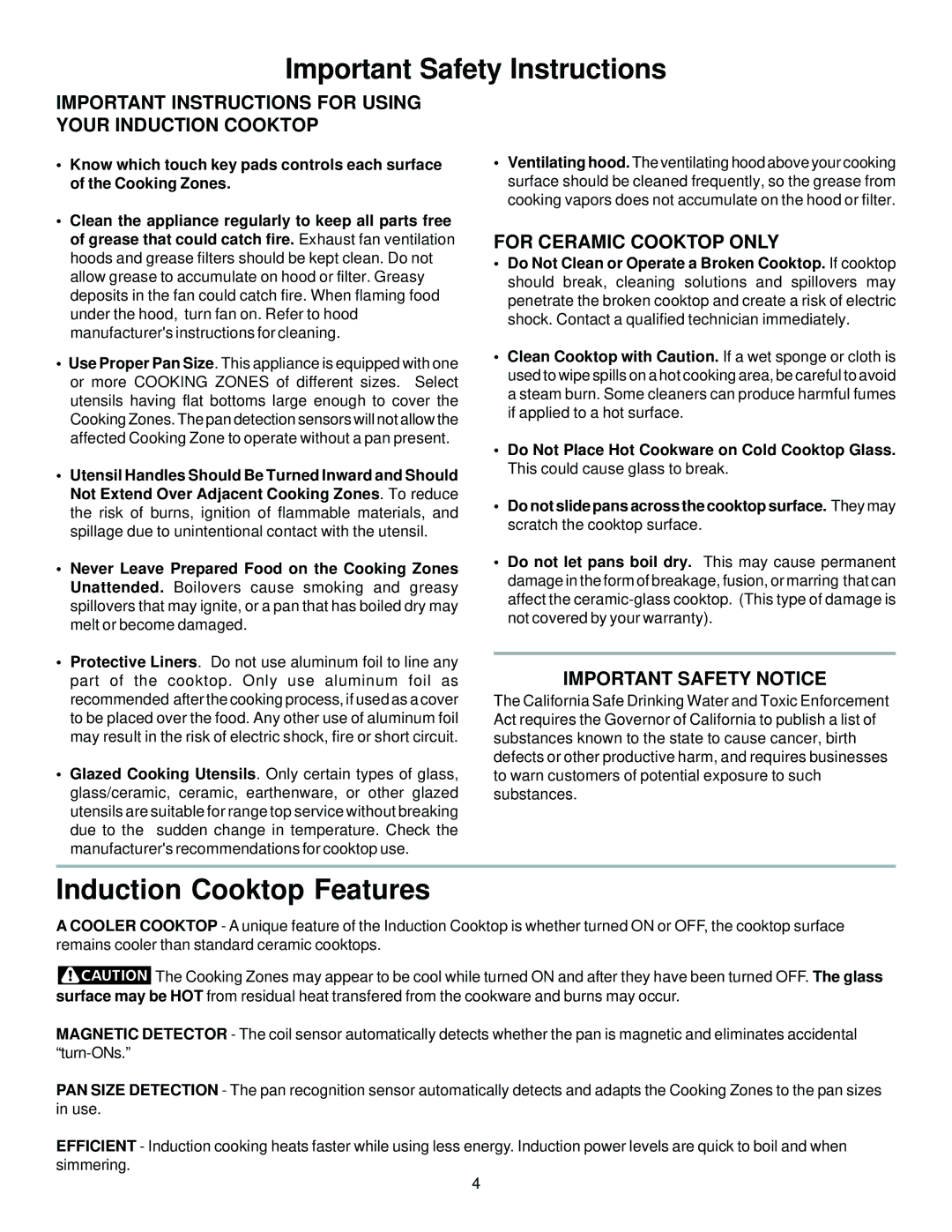 Sears 790.428 manual Induction Cooktop Features, Important Instructions for Using Your Induction Cooktop 