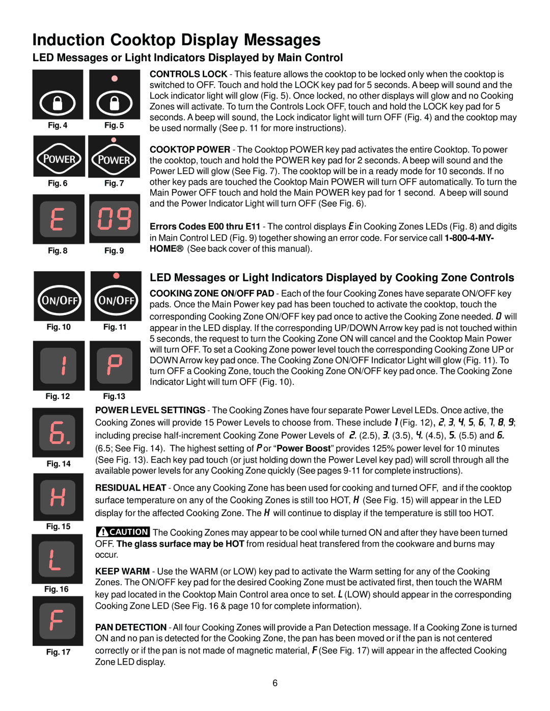 Sears 790.428 manual Induction Cooktop Display Messages, LED Messages or Light Indicators Displayed by Main Control 