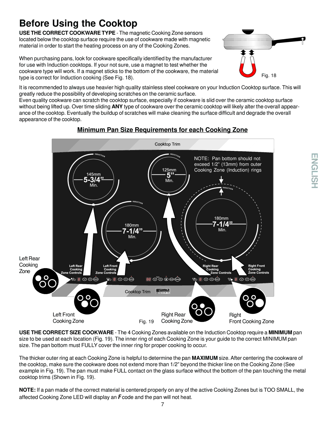 Sears 790.428 manual Before Using the Cooktop, Minimum Pan Size Requirements for each Cooking Zone 