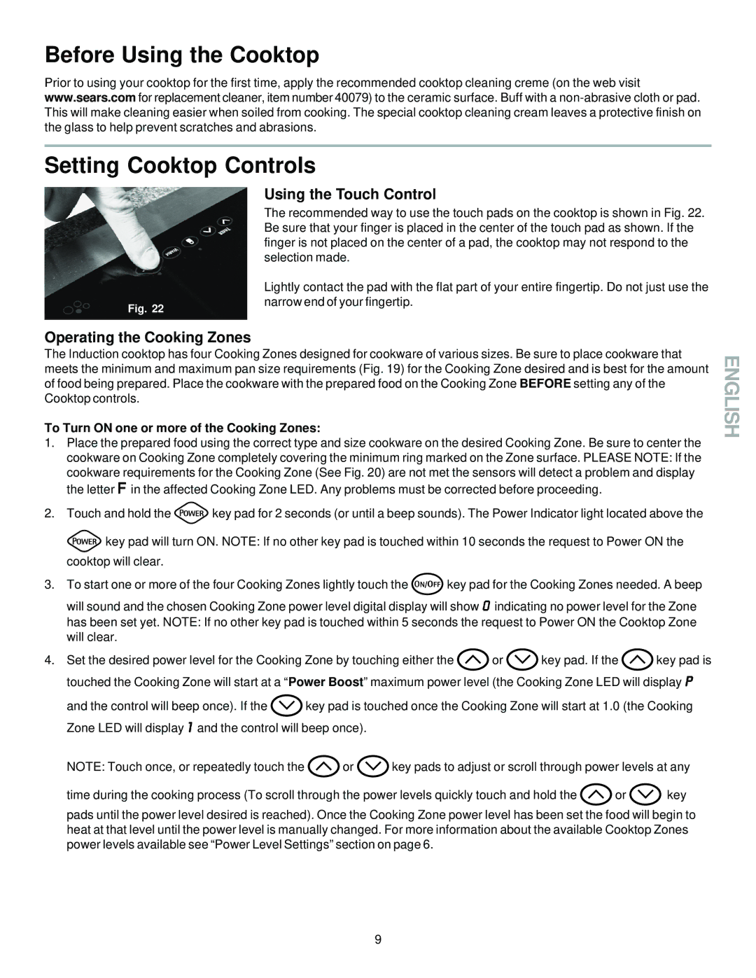 Sears 790.428 Before Using the Cooktop Setting Cooktop Controls, Using the Touch Control, Operating the Cooking Zones 