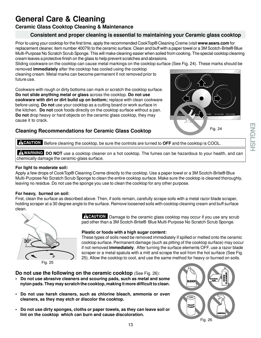 Sears 790.428 manual General Care & Cleaning, English, Ceramic Glass Cooktop Cleaning & Maintenance 