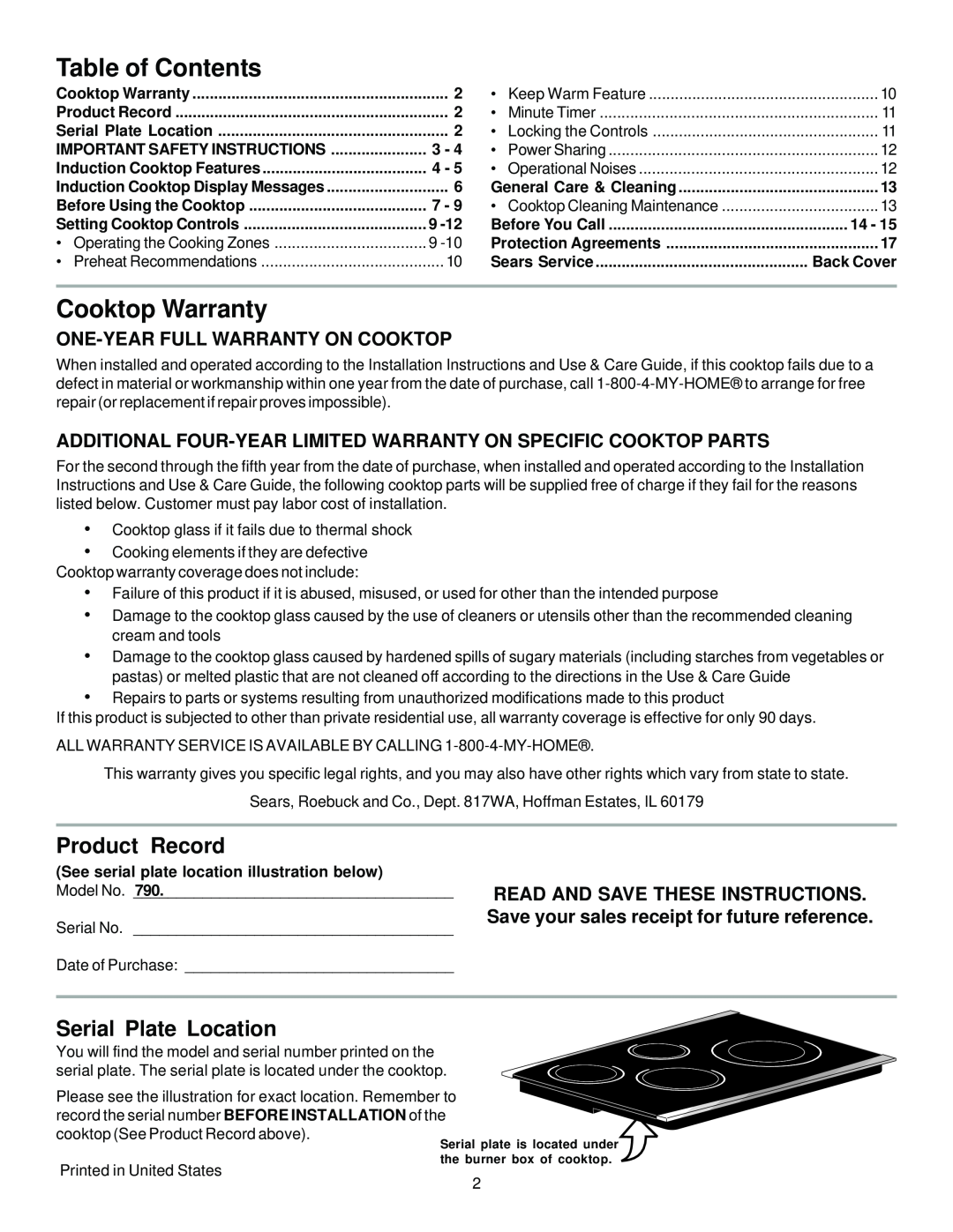 Sears 790.428 manual Table of Contents, Cooktop Warranty, Product Record, Serial Plate Location 