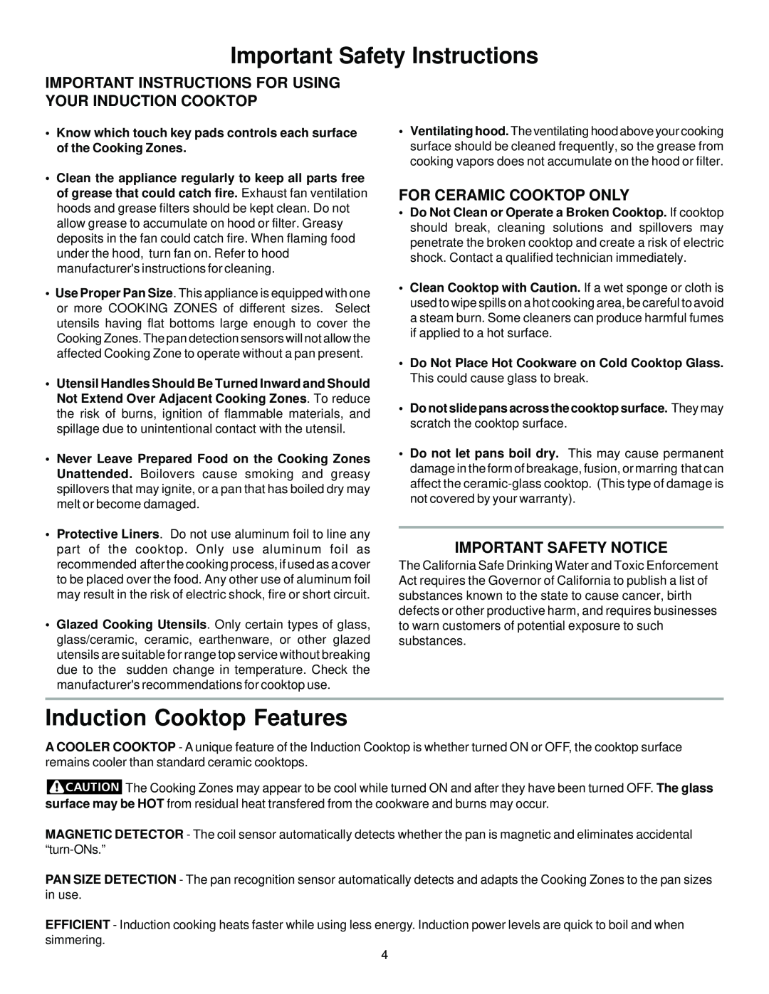 Sears 790.428 Induction Cooktop Features, Important Safety Instructions, For Ceramic Cooktop Only, Important Safety Notice 