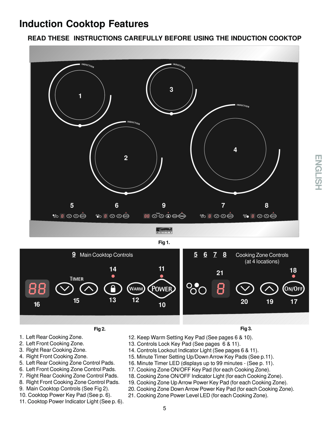 Sears 790.428 Induction Cooktop Features, English, Main Cooktop Controls, 5 6 7 8 Cooking Zone Controls, at 4 locations 