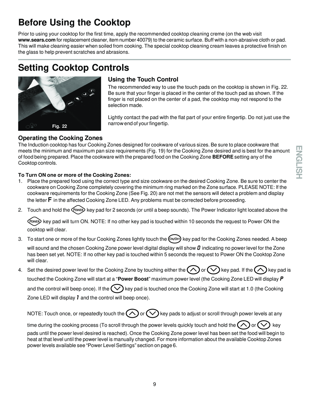 Sears 790.428 manual Setting Cooktop Controls, Before Using the Cooktop, English, Using the Touch Control 