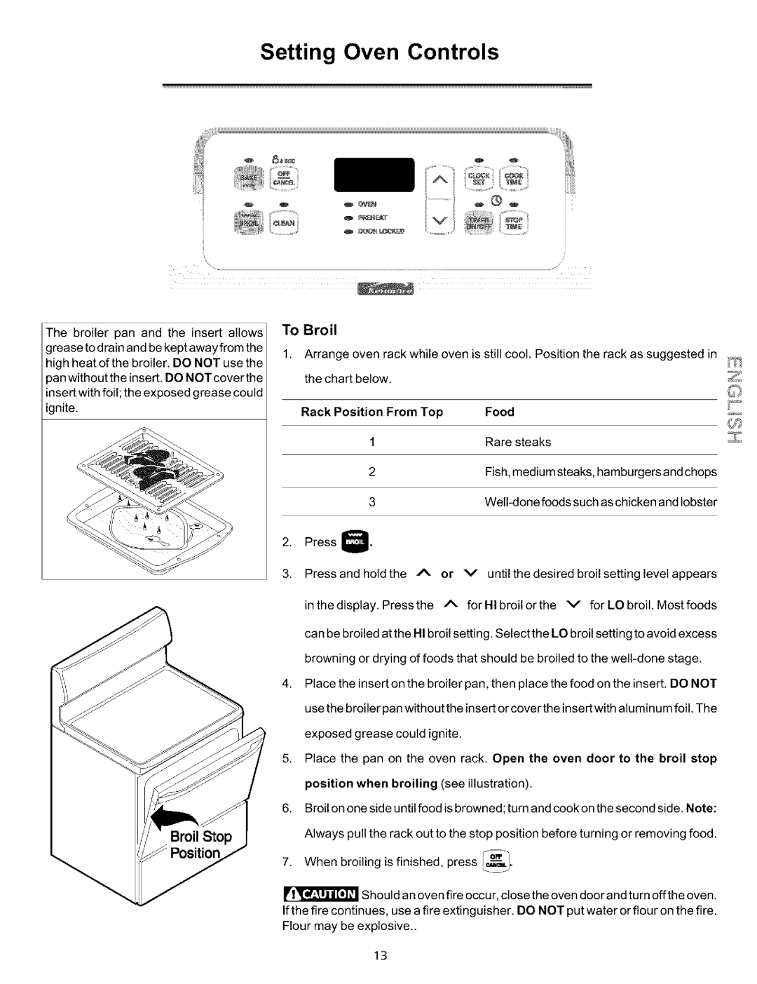 Sears 790.93754, 790.93752, 790.93751 manual To Broil, Rack Position From Top Food 