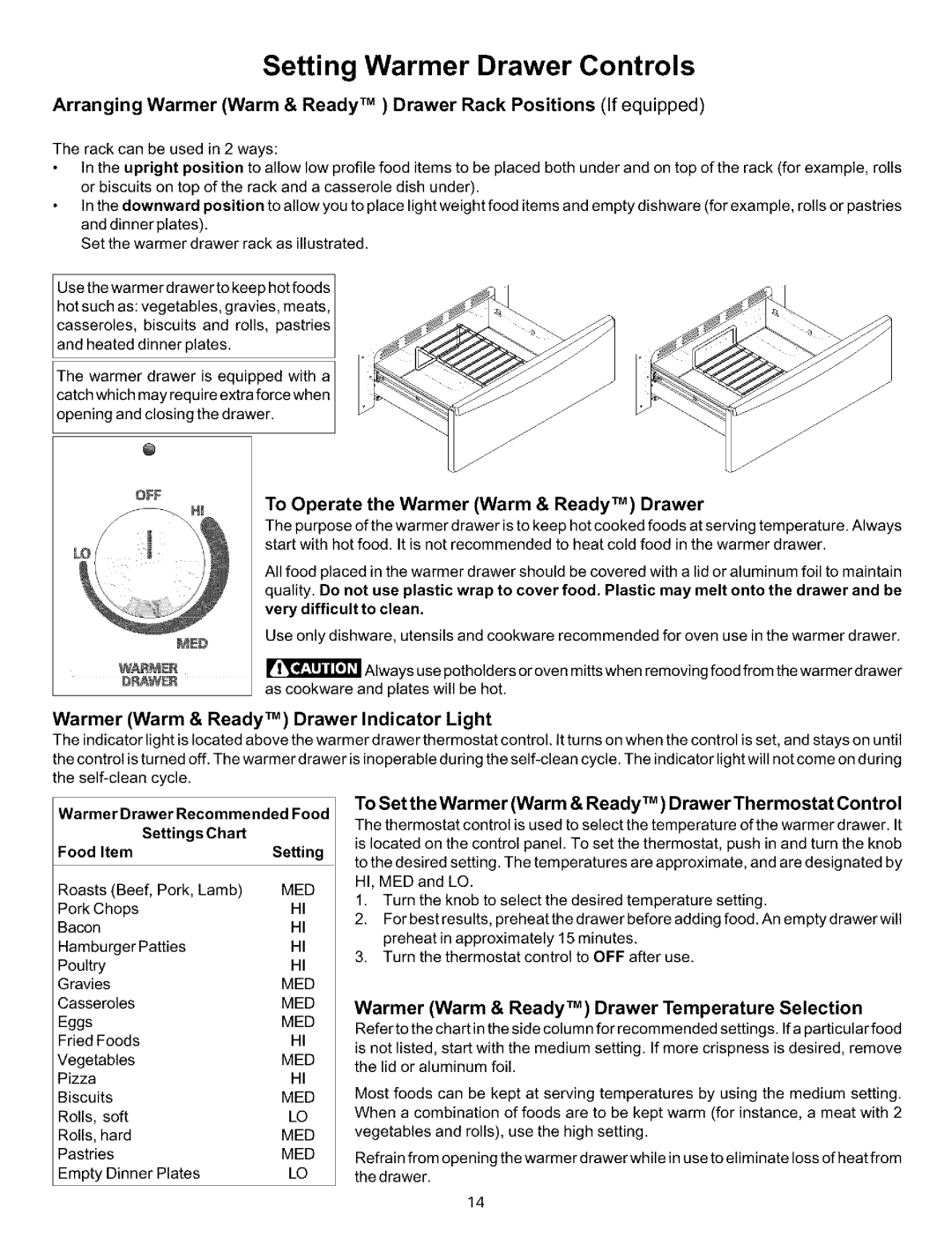 Sears 790.93751, 790.93752, 790.93754 manual Setting Warmer Drawer Controls, To Operate the Warmer Warm & Ready TM Drawer 