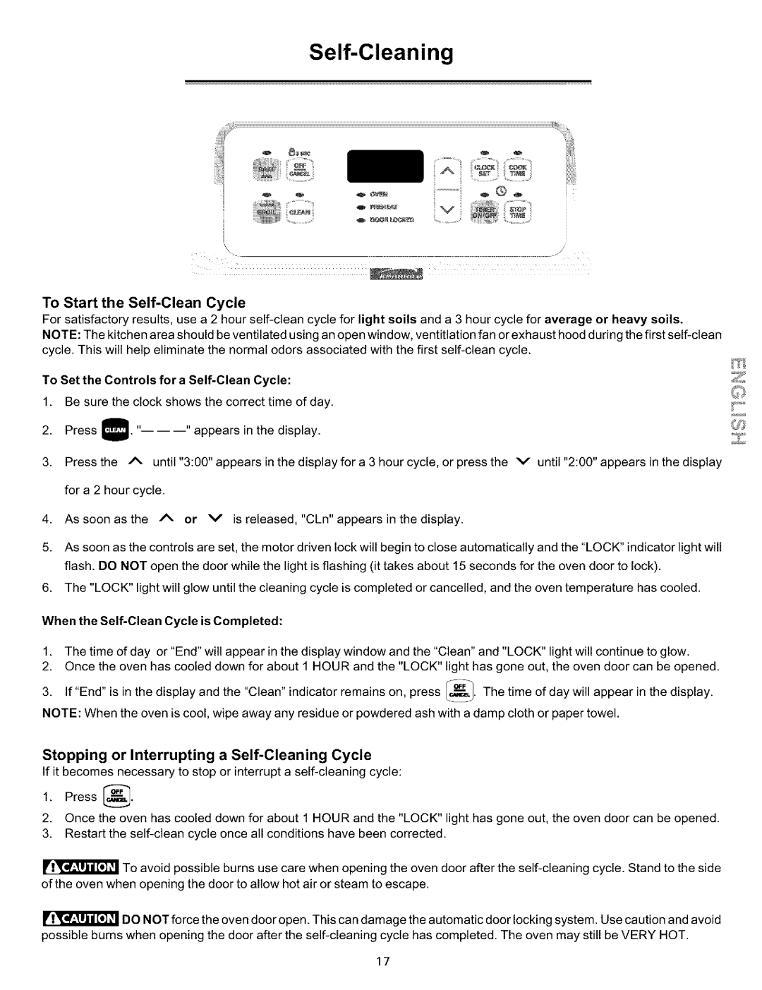 Sears 790.93754, 790.93752, 790.93751 manual To Start the Self-Clean Cycle, Stopping or Interrupting a Self-Cleaning Cycle 