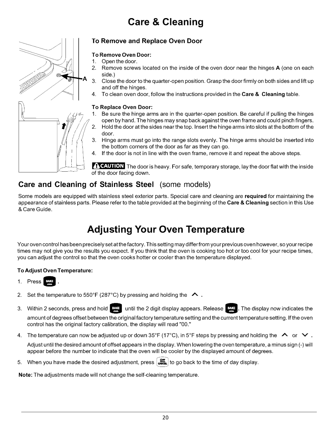 Sears 790.93752, 790.93754, 790.93751 Adjusting Your Oven Temperature, To Remove and Replace Oven Door, To Remove Oven Door 