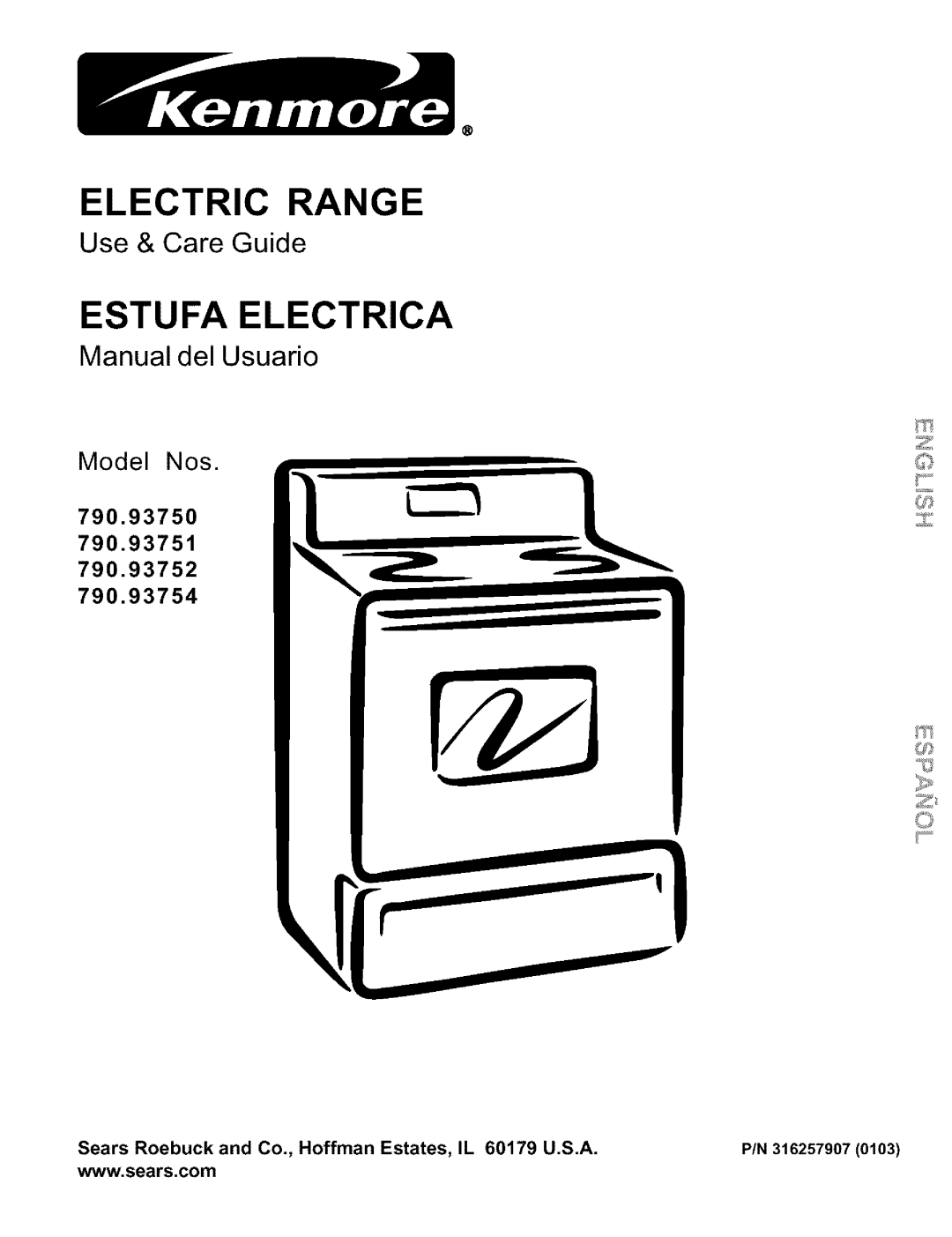 Sears 790.93754 manual Use & Care Guide, Manual del Usuario, Electric Range, Estufa Electrica, Model Nos, 790.93750, Pin 