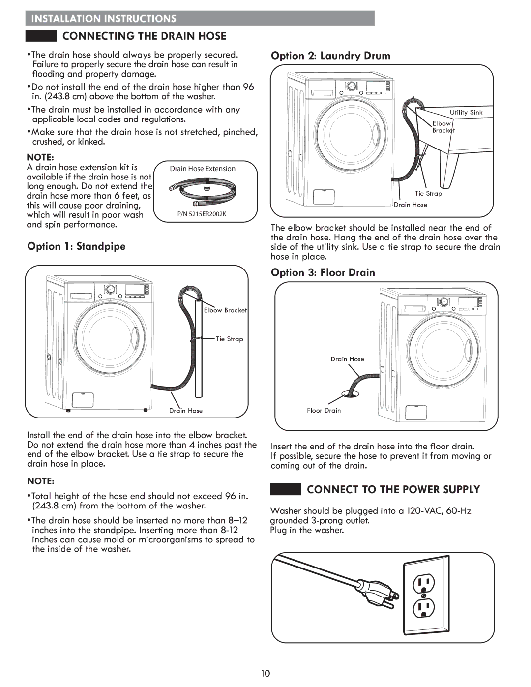 Sears 796.4127 manual Connecting the Drain Hose, Option 2 Laundry Drum, Option 1 Standpipe, Option 3 Floor Drain 