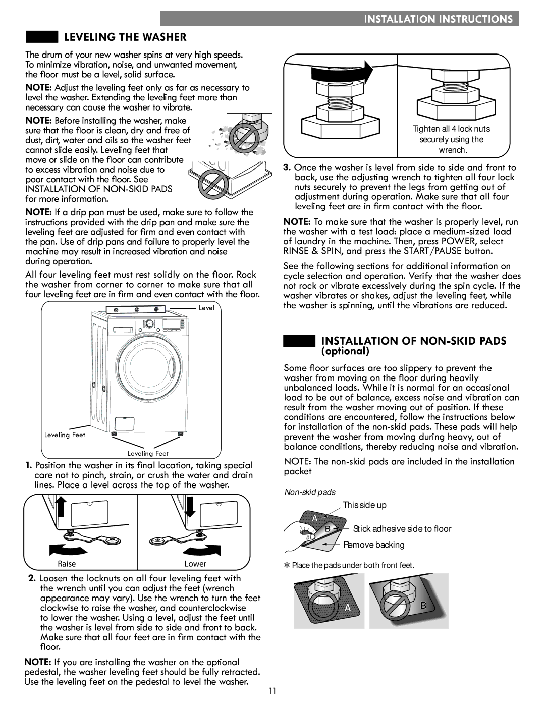 Sears 796.4127 manual Leveling the Washer, Installation of NON-SKID Pads optional 